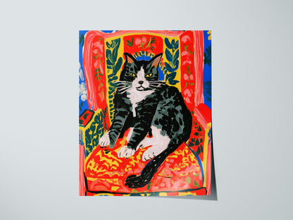Cat Claims Chair Poster | Cobalt and Red Matisse Style Art Print | Cat Lover Wall Art — print detail on fine art paper