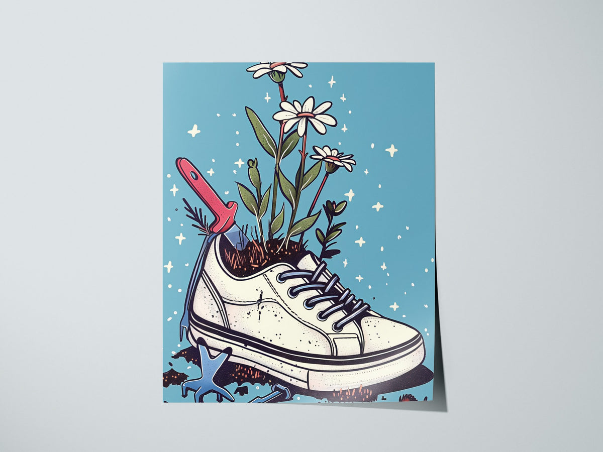 Sneaker Garden Poster | Blue and Coral Illustrative Art Print | Plant Lover Wall Art — print detail on fine art paper