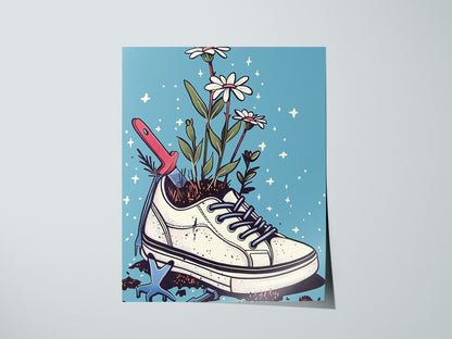 Sneaker Garden Poster | Blue and Coral Illustrative Art Print | Plant Lover Wall Art — print detail on fine art paper