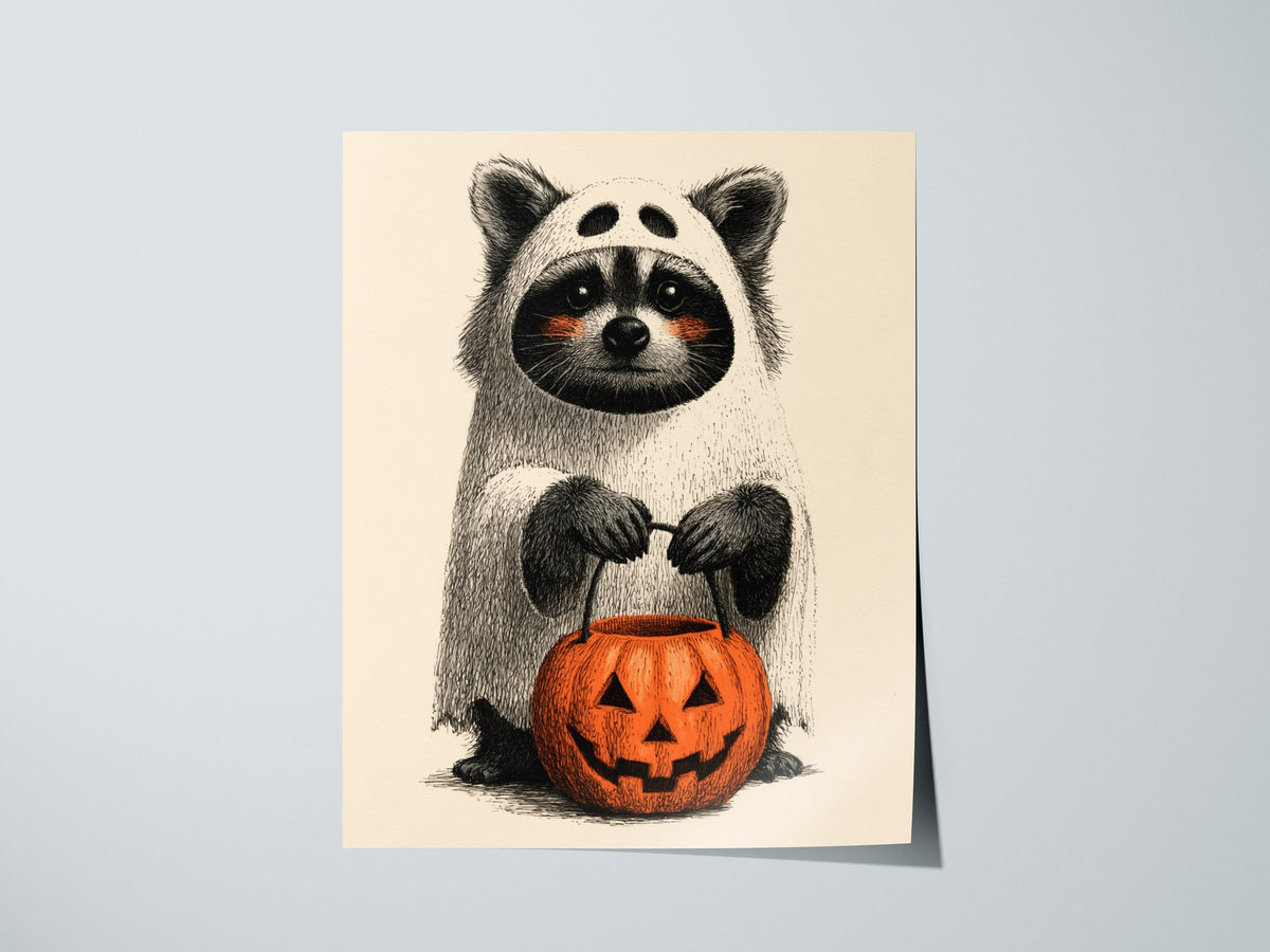 Raccoon Trick-or-treats Poster | Gray and Orange Pen and Ink Art Print | Halloween Wall Art — print detail on fine art paper