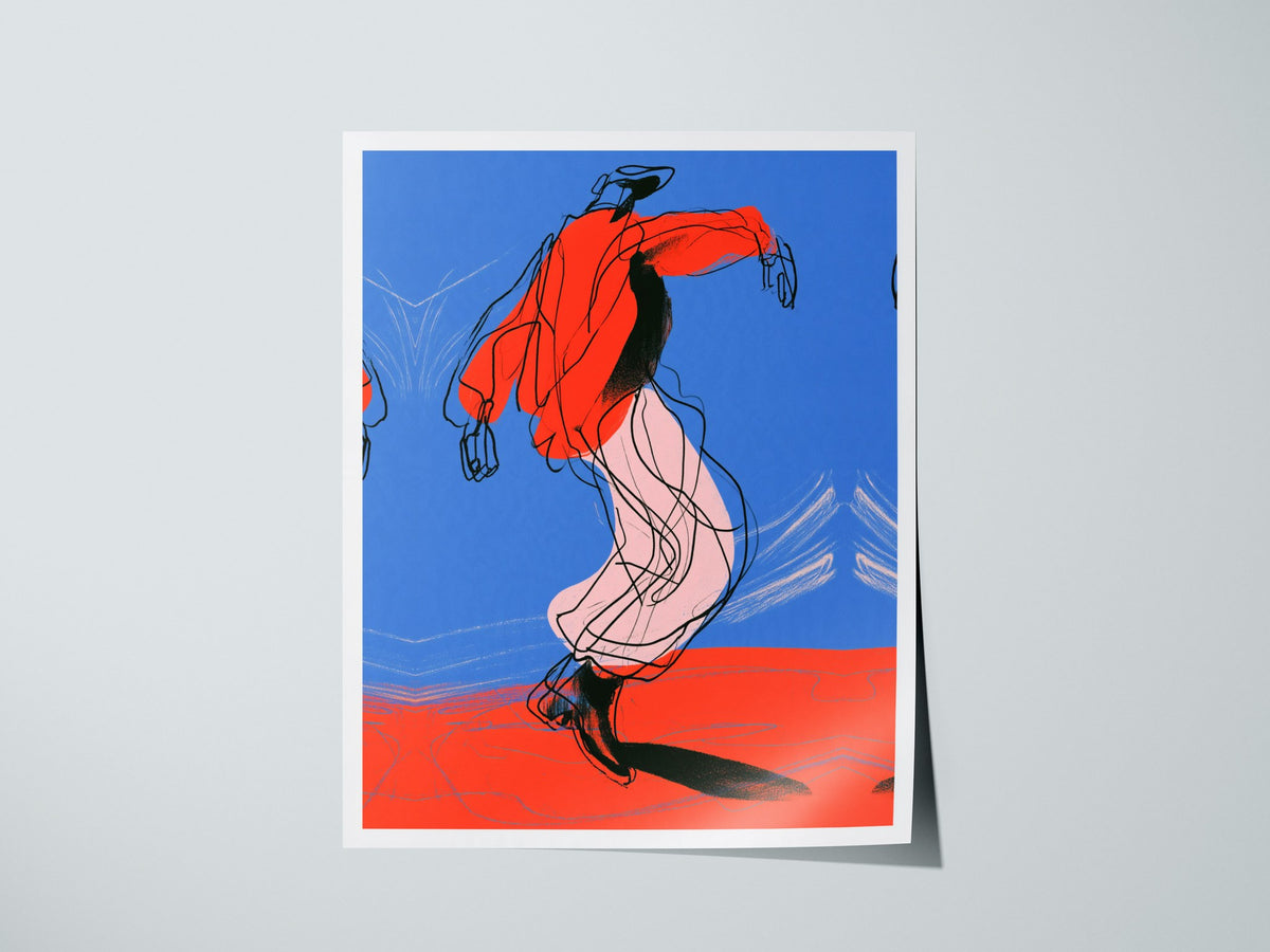 Dancer Kicks Blue Poster | Blue and Red Illustrative Art Print | Dance Wall Art — print detail on fine art paper