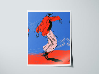 Dancer Kicks Blue Poster | Blue and Red Illustrative Art Print | Dance Wall Art — print detail on fine art paper