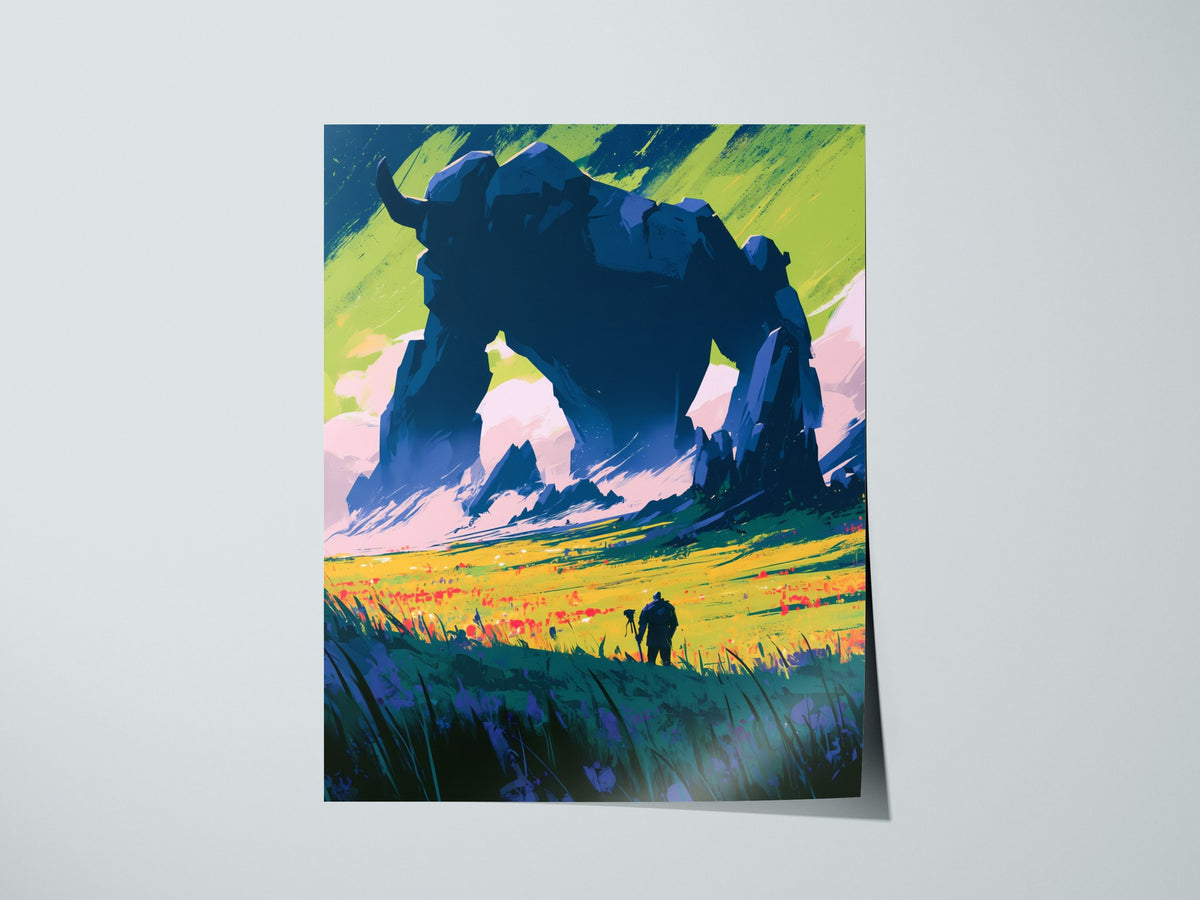 Stone Guardian at Dawn Poster | Navy and Orange Illustrative Art Print | Dark Fantasy Wall Art — print detail on fine art pap