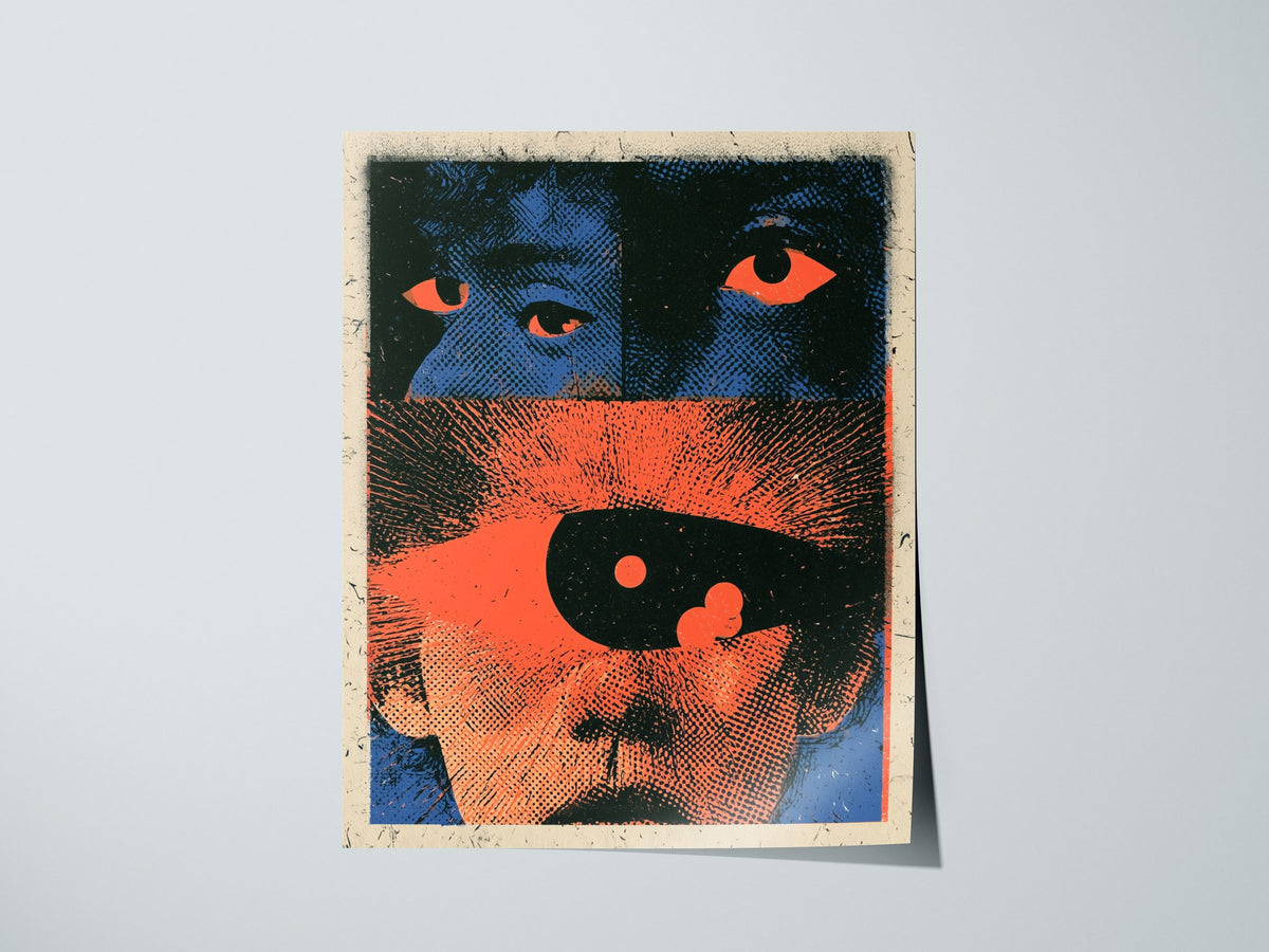 Two Faces Watching Poster | Coral and Teal Screen Print Art Print | Alternative Wall Art — print detail on fine art paper