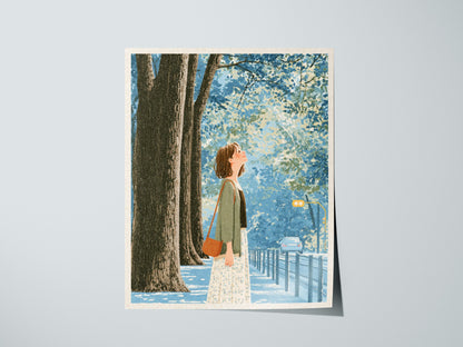 Woman Tilts Toward Light Poster | Olive and Cream Illustrative Art Print | Quiet Spaces Wall Art — print detail on fine art p