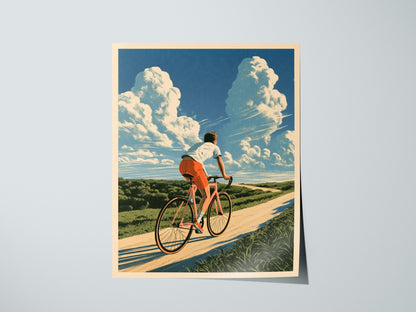 Cyclist Chases Horizon Poster | Blue and Orange Illustrative Art Print | Cycling Wall Art — print detail on fine art paper