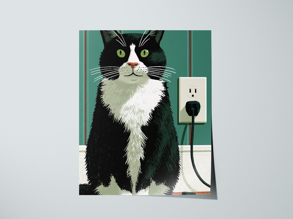 Tuxedo Cat Unplugged Poster | Sage and Cream Illustrative Art Print | Cat Lover Wall Art — print detail on fine art paper