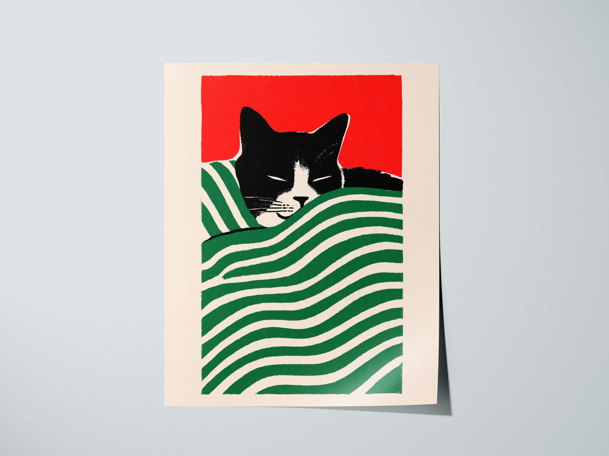 Cat Under Striped Blanket Poster | Green and Red Screen Print Art Print | Cat Lover Wall Art — print detail on fine art paper