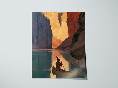 canoe-in-canyon-light Poster | Amber and Shadow Oil Painting Art Print | Adventure Wall Art — print detail on fine art paper