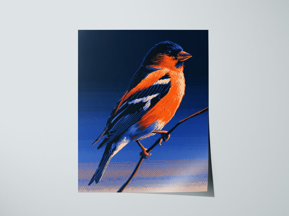 Bullfinch Burning Blue Poster | Navy and Orange Pixel Art Print | Retro Gaming Wall Art — print detail on fine art paper