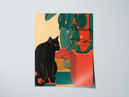 cat-and-goldfish Poster | Coral and Teal Matisse Style Art Print | Modern Home Wall Art — print detail on fine art paper