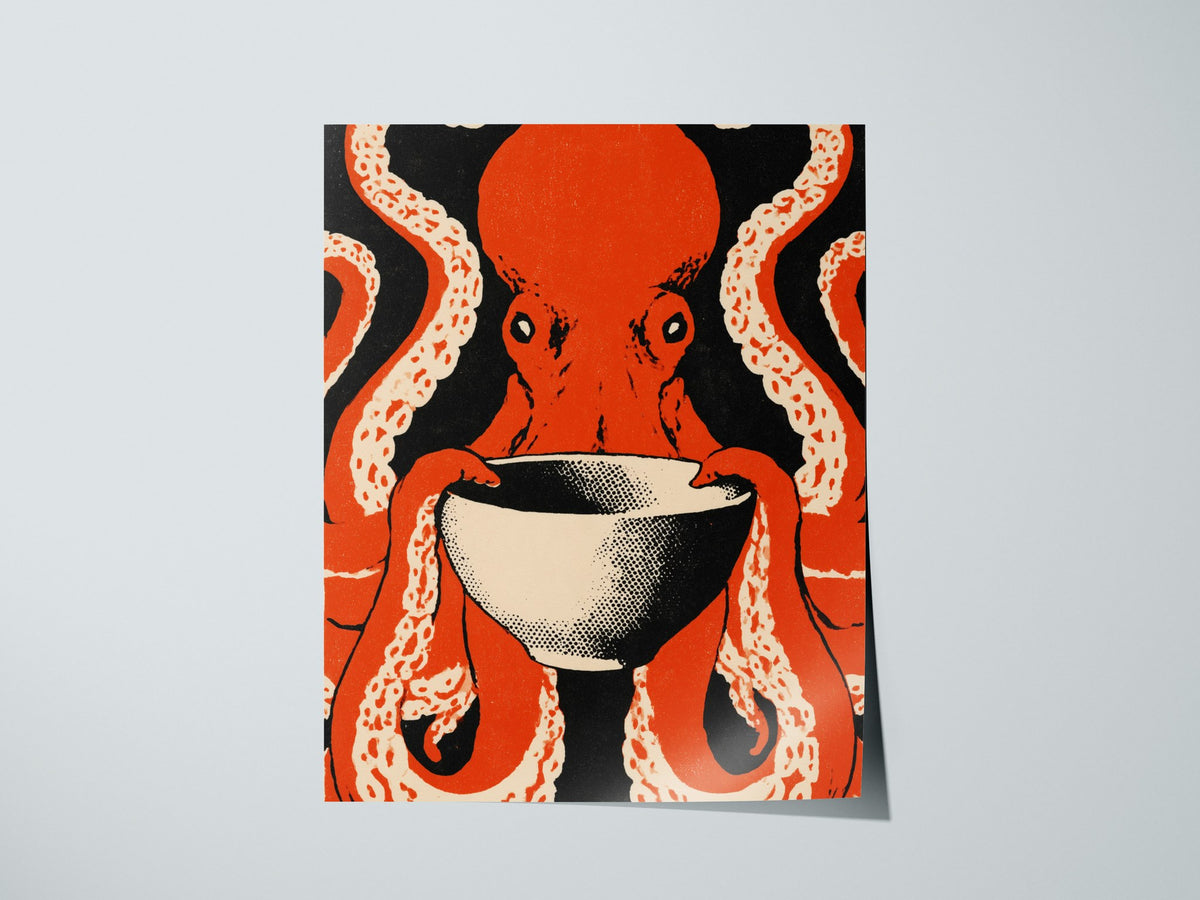 Breakfast Octopus Poster | Cream and Rust Screen Print Art Print | Kitchen Wall Art — print detail on fine art paper