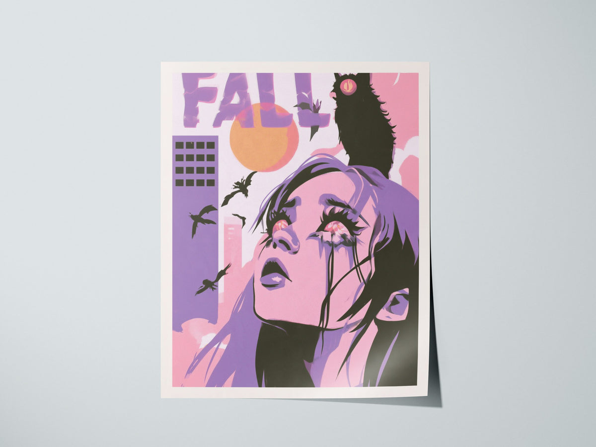 Girl Meets Fall Poster | Pink Purple Lime Illustrative Art Print | Surreal Pop Wall Art — print detail on fine art paper