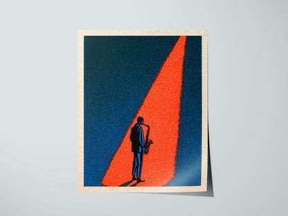 Spotlight Finds Him Poster | Teal and Coral Screen Print Art Print | Jazz Lover Wall Art — print detail on fine art paper