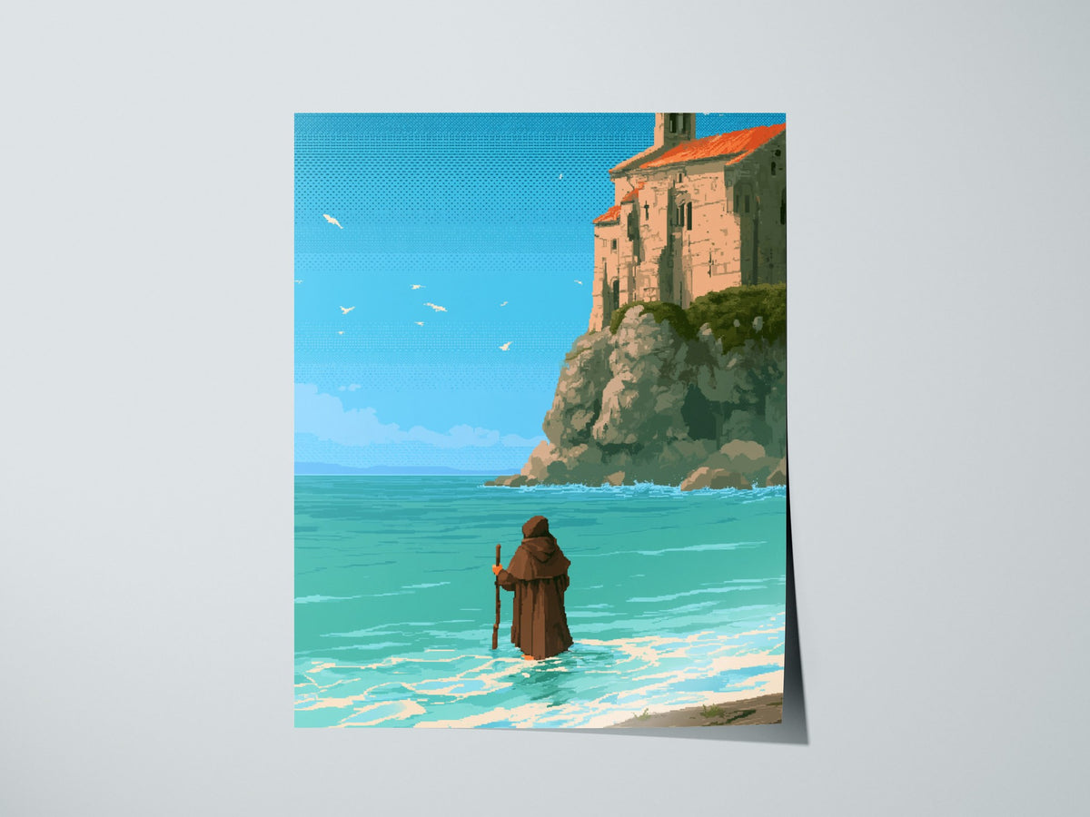 Pilgrim Touches Shore Poster | Turquoise and Earth Pixel Art Print | Retro Gaming Wall Art — print detail on fine art paper
