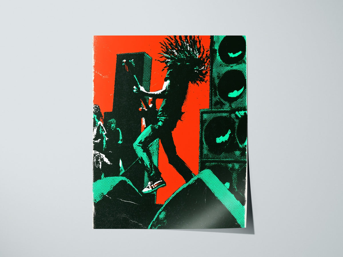 Guitarist Leaves Ground Poster | Orange and Green Screen Print Art Print | Music Lover Wall Art — print detail on fine art pa