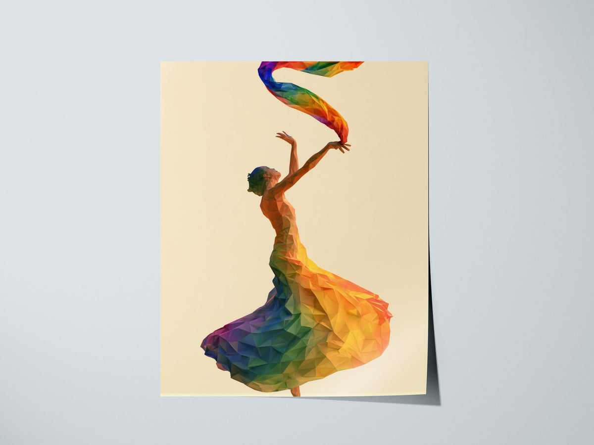 Dancer Unfurls Rainbow Poster | Rainbow Jewel Tones Low Poly Art Print | Modern Minimalist Wall Art — print detail on fine ar