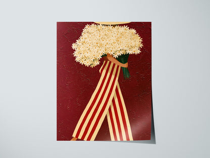 Daisy Carrier Poster | Burgundy and Cream Flat Design Art Print | Folk Art Wall Art — print detail on fine art paper
