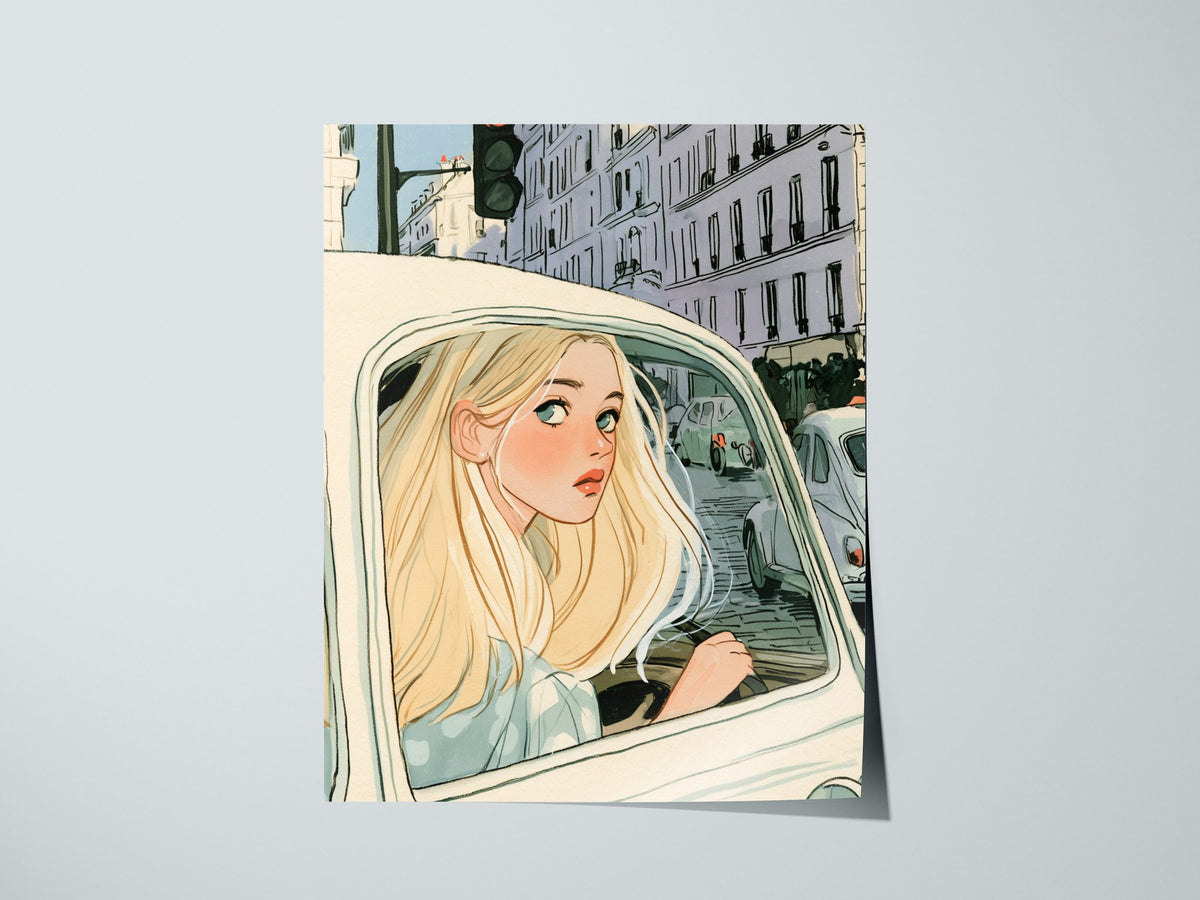 Girl Waits Red Poster | Cream and Sage Illustrative Art Print | Romantic Vintage Wall Art — print detail on fine art paper