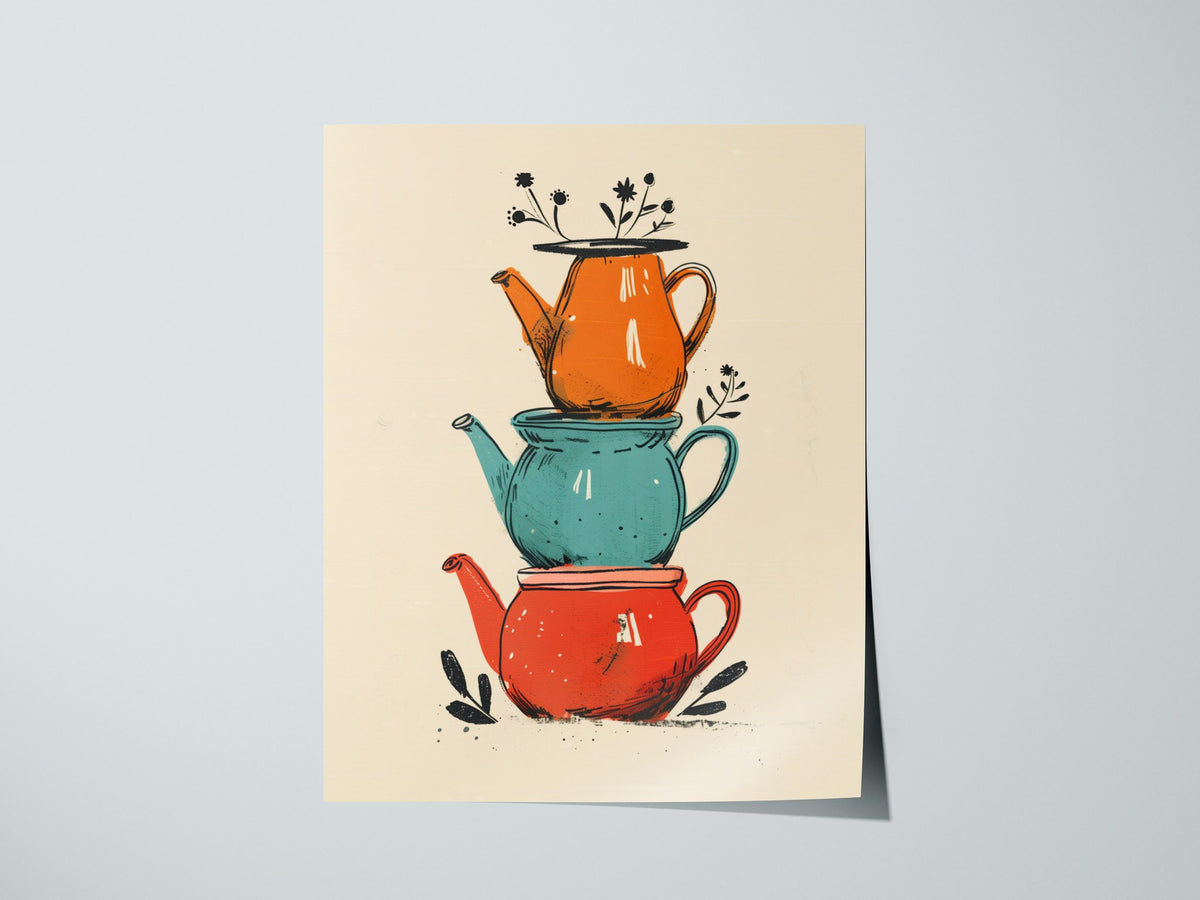 Stacked Teapots Poster | Coral and Teal Illustrative Art Print | Kitchen Wall Art — print detail on fine art paper
