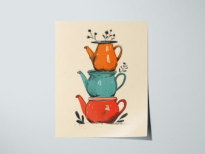 Stacked Teapots Poster | Coral and Teal Illustrative Art Print | Kitchen Wall Art — print detail on fine art paper