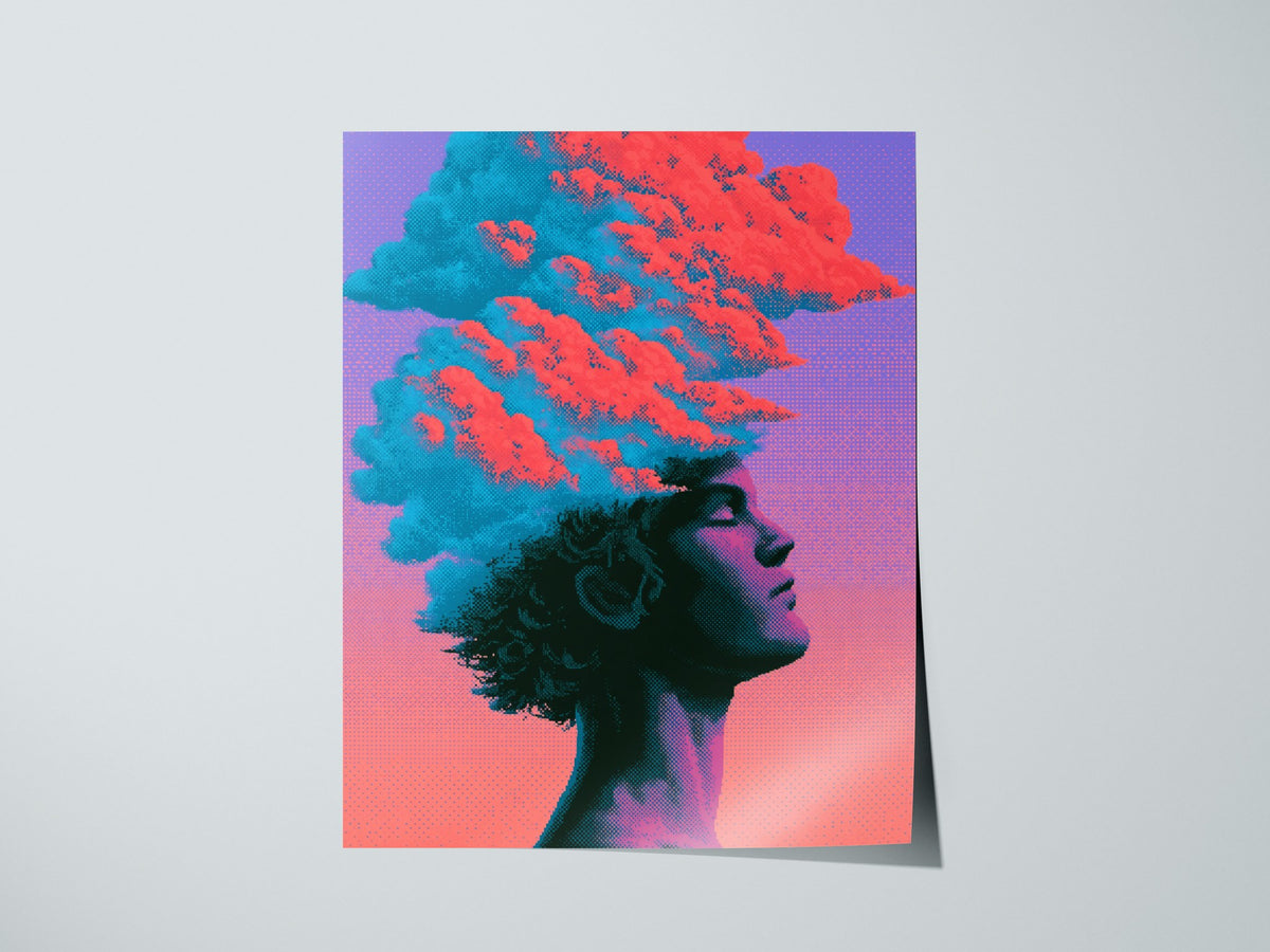 Cloud Mind Floats Poster | Coral and Turquoise Pixel Art Print | Retro Gaming Wall Art — print detail on fine art paper