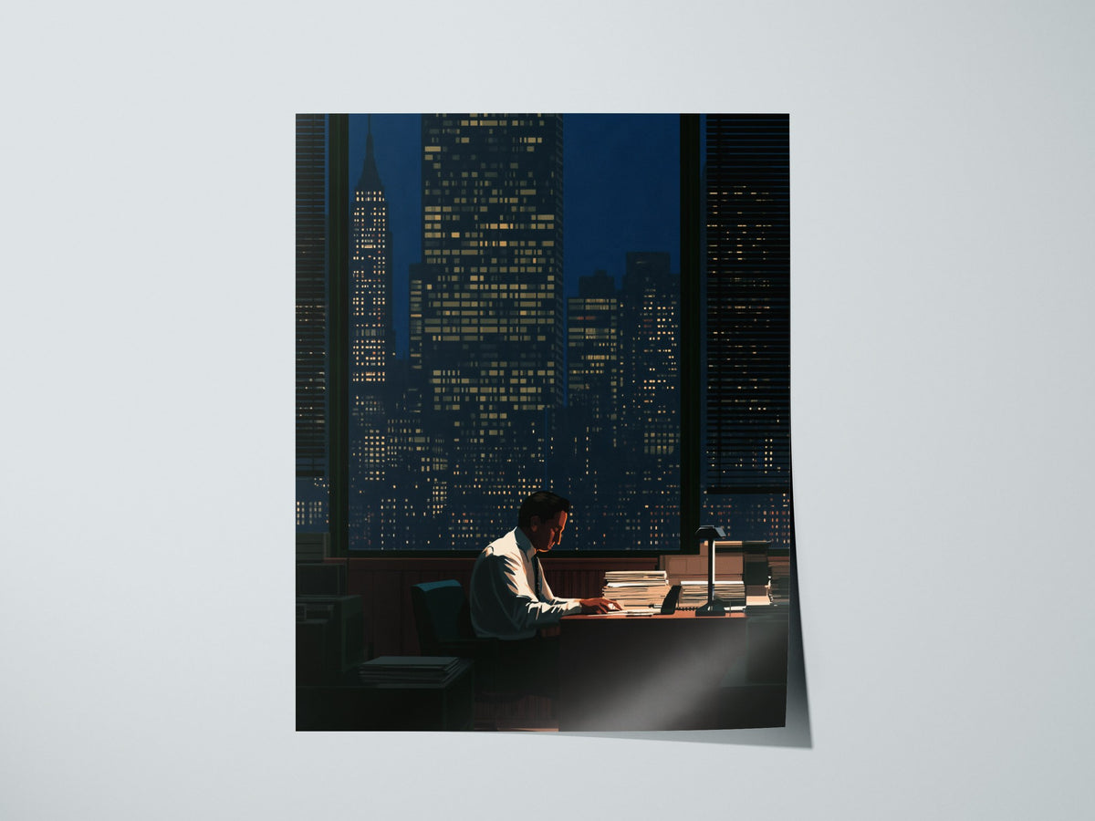 Salesman Works Late Poster | Deep Blue Illustrative Art Print | Office Wall Art — print detail on fine art paper