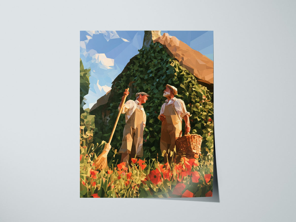 Gardeners Compare Notes Poster | Cream and Poppy Low Poly Art Print | Cottagecore Wall Art — print detail on fine art paper