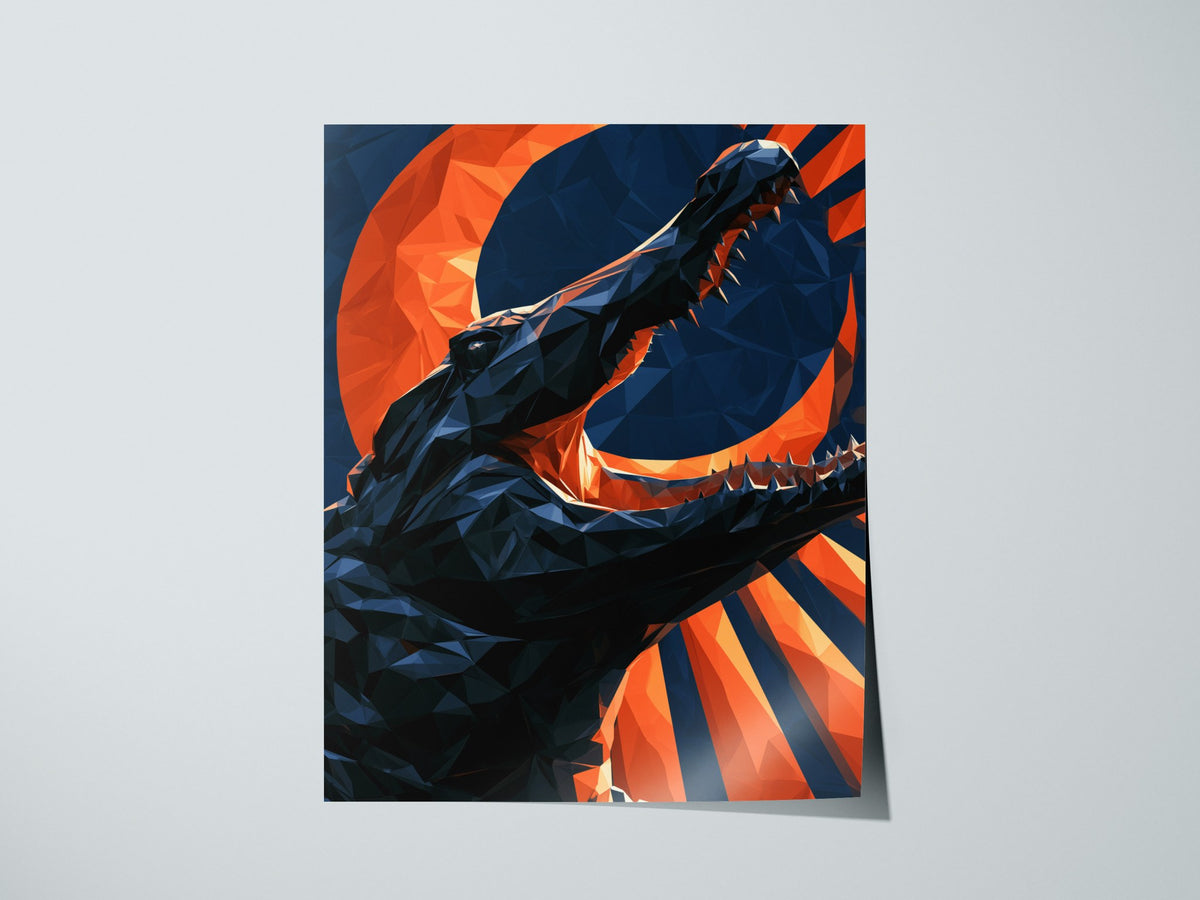 Gator Owns Crescent Poster | Orange and Navy Low Poly Art Print | Dark Fantasy Wall Art — print detail on fine art paper