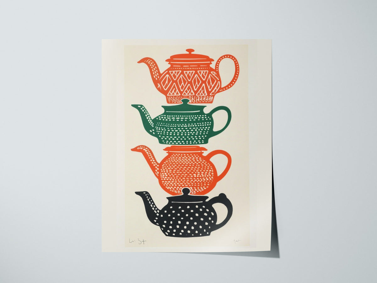 Stacked Teapots Poster | Burnt Orange Screen Print Art Print | Kitchen Wall Art — print detail on fine art paper