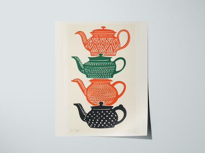 Stacked Teapots Poster | Burnt Orange Screen Print Art Print | Kitchen Wall Art — print detail on fine art paper