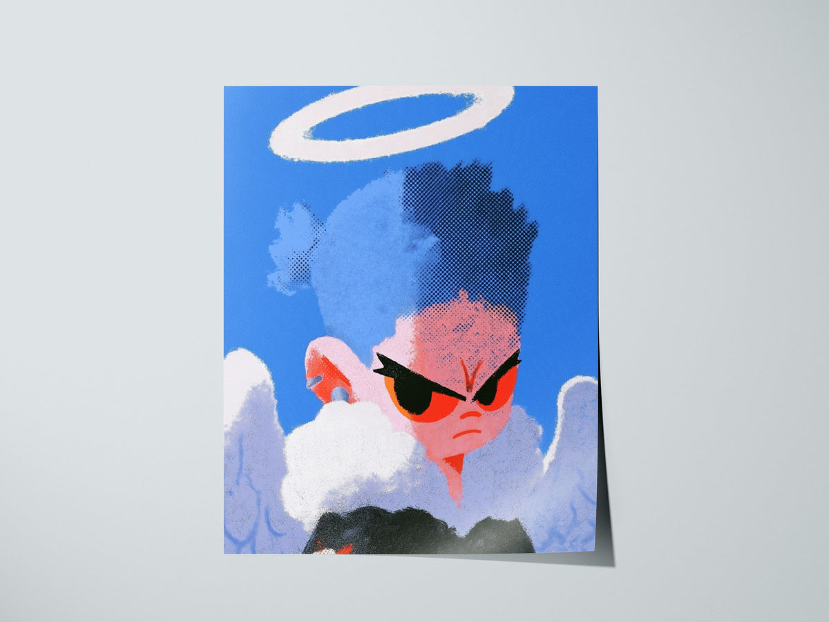 Fallen Angel Scowls Poster | Periwinkle and Orange Screen Print Art Print | Dark Fantasy Wall Art — print detail on fine art
