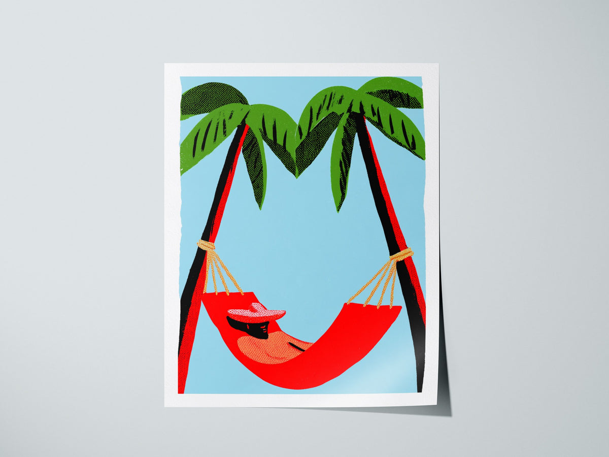 Hammock Afternoon Poster | Blue and Emerald Screen Print Art Print | Tropical Wall Art — print detail on fine art paper