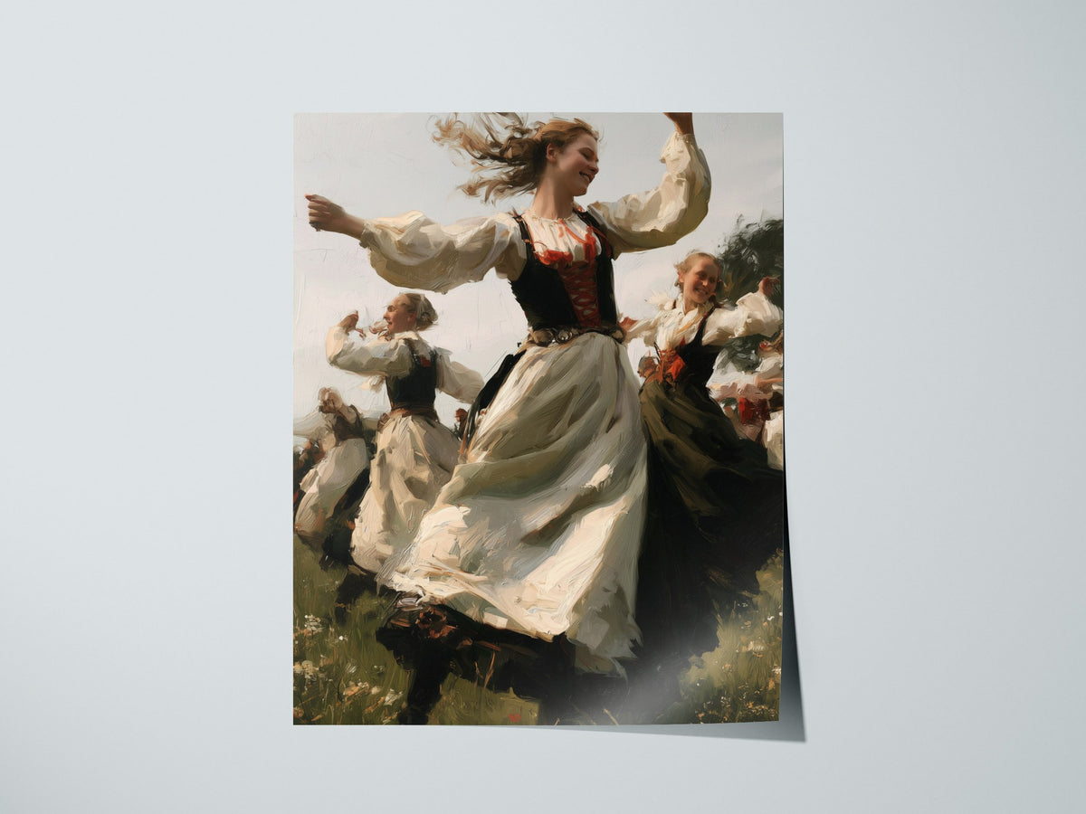 Woman Spins Summer Poster | Cream and Earth Oil Painting Art Print | Folk Art Wall Art — print detail on fine art paper