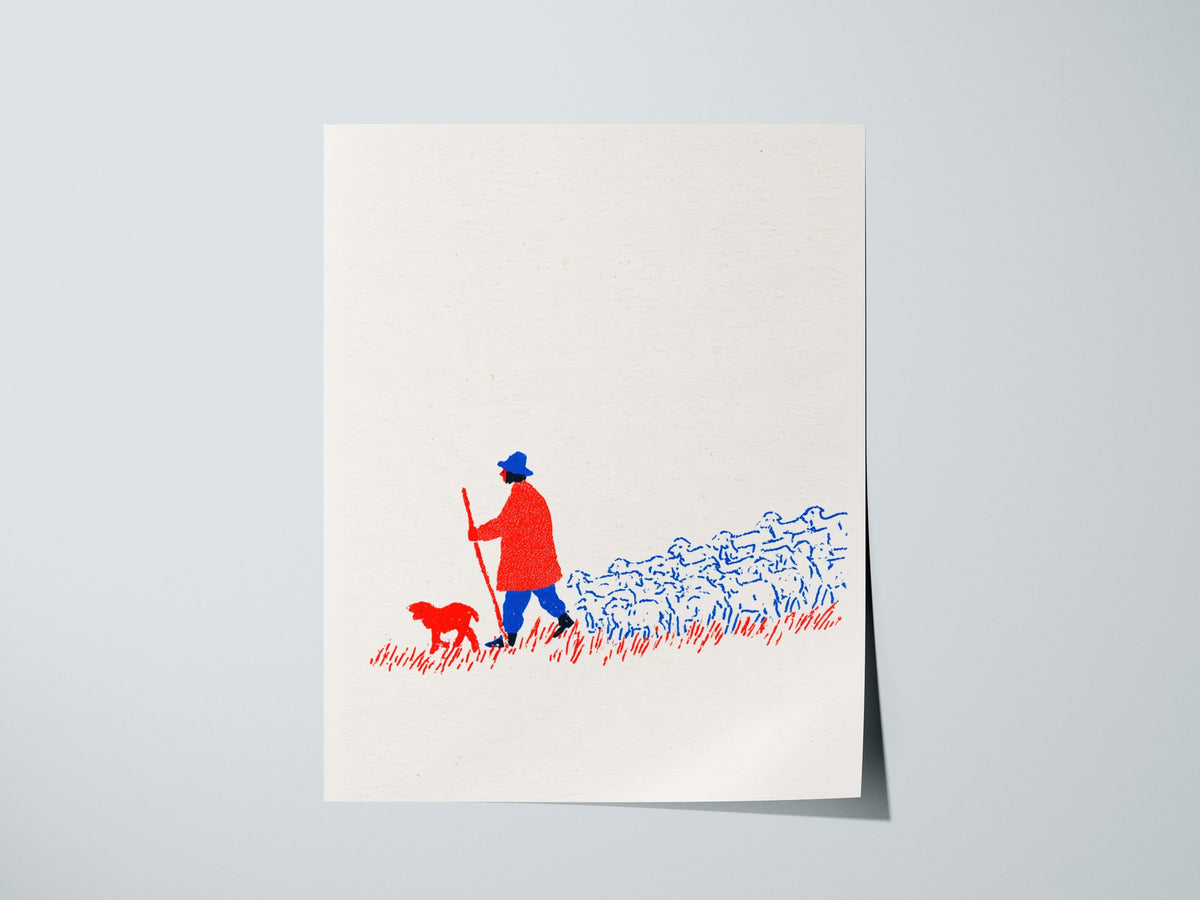 Shepherd Leads Home Poster | Red and Blue Screen Print Art Print | Nursery Wall Art — print detail on fine art paper