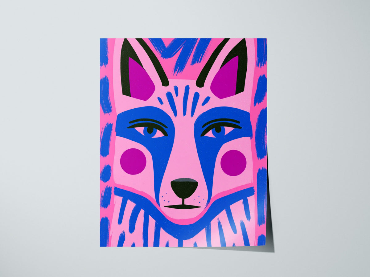 Fox Faces Forward Poster | Pink and Blue Illustrative Art Print | Kids Room Wall Art — print detail on fine art paper
