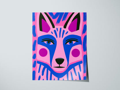 Fox Faces Forward Poster | Pink and Blue Illustrative Art Print | Kids Room Wall Art — print detail on fine art paper