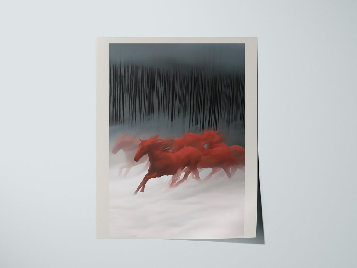 Red Horses Run Poster | Red and Black Watercolor Art Print | Dark Fantasy Wall Art — print detail on fine art paper