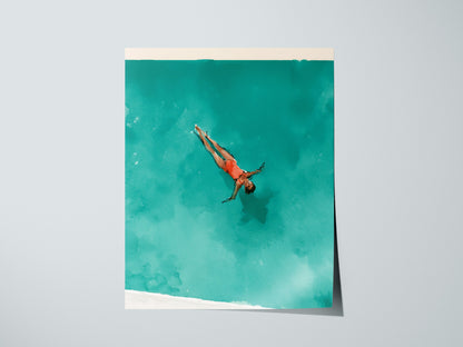 Swimmer in Pool Poster | Teal and Coral Watercolor Art Print | Spa Wall Art — print detail on fine art paper