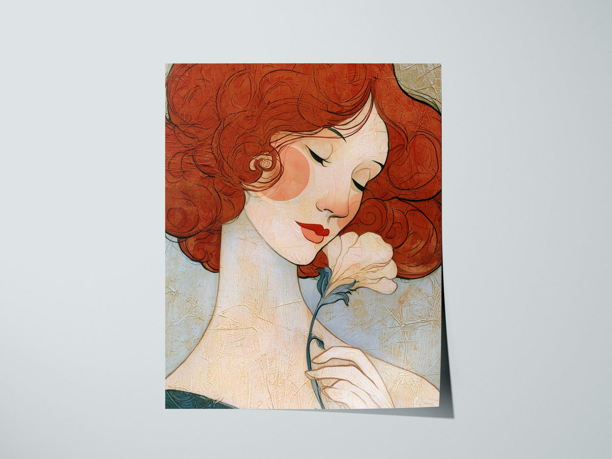 Woman Holds Flower Poster | Coral and Cream Illustrative Art Print | Art Deco Wall Art — print detail on fine art paper