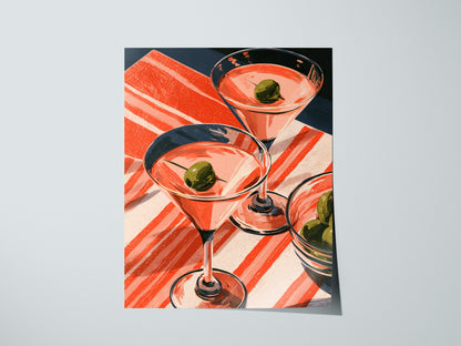 Striped Martini Still Life Poster | Red and Pink Illustrative Art Print | Kitchen Wall Art — print detail on fine art paper