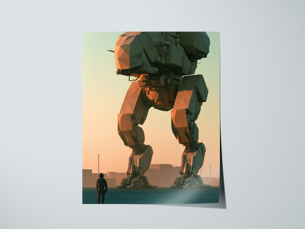 Mech Waits Dawn Poster | Teal and Orange Low Poly Art Print | Sci-Fi Wall Art — print detail on fine art paper