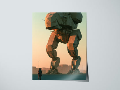 Mech Waits Dawn Poster | Teal and Orange Low Poly Art Print | Sci-Fi Wall Art — print detail on fine art paper
