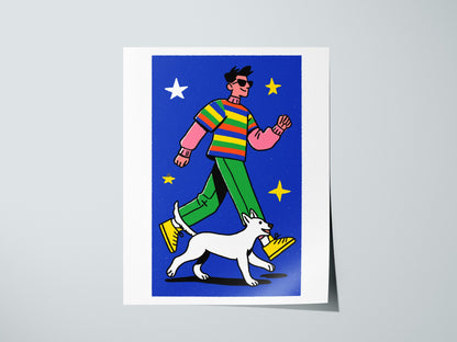 hero-and-cat Poster | Warm Ochre Illustrative Art Print | Kids Room Wall Art — print detail on fine art paper