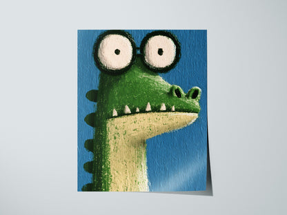 Wide-eyed Crocodile Poster | Green and Cobalt Illustrative Art Print | Kids Room Wall Art — print detail on fine art paper