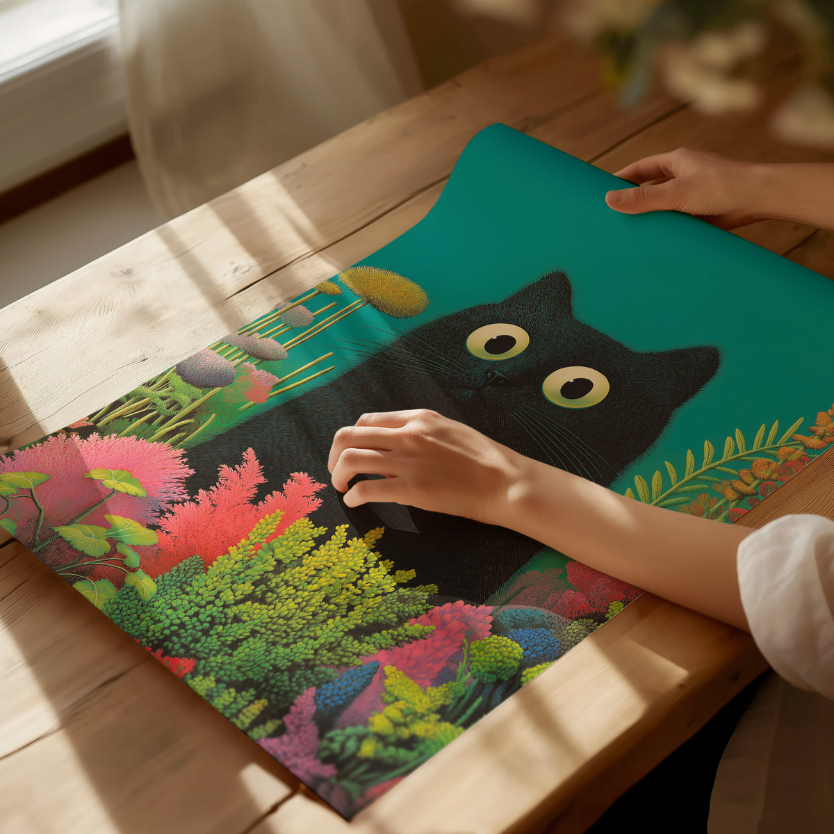 Black Cat in Garden Poster | Animals Art Print — print detail on fine art paper