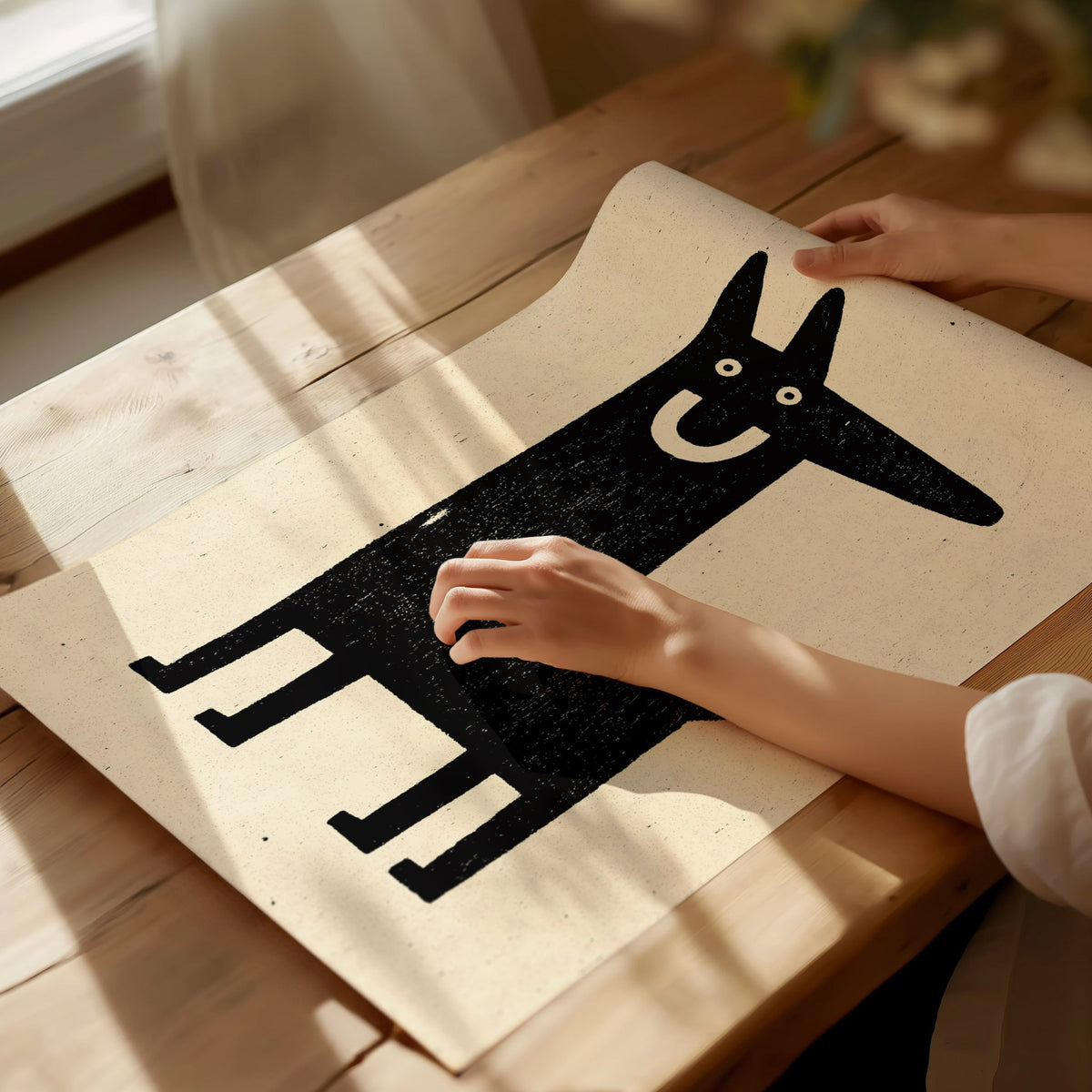 Grinning Dog Poster | Black and Cream Screen Print Art Print | Folk Art Wall Art — print detail on fine art paper