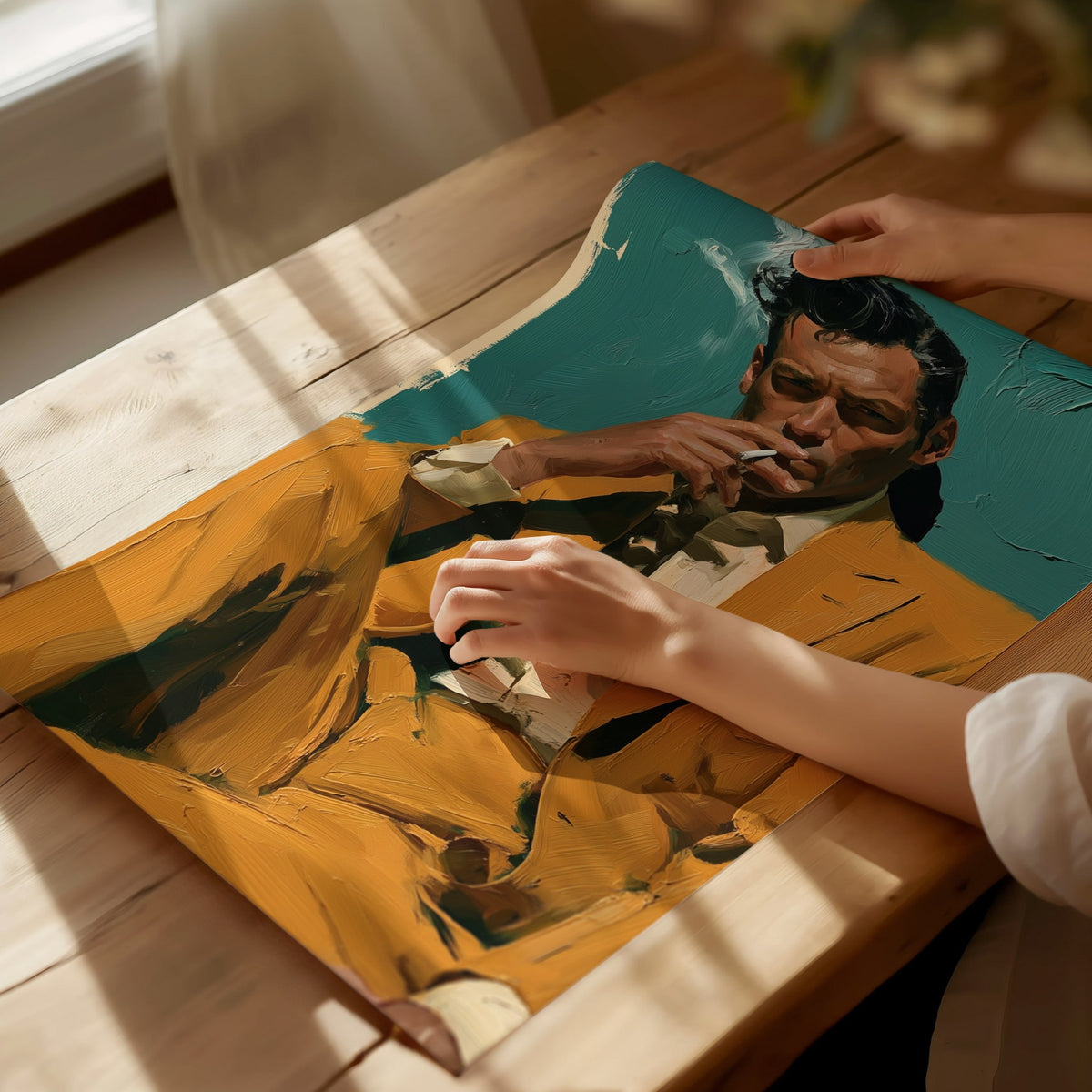 Man Lights Cigarette Poster | Teal and Mustard Oil Painting Art Print | Mid-Century Modern Wall Art — print detail on fine ar