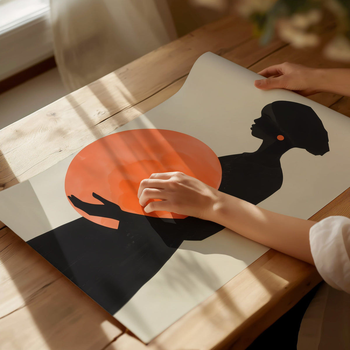 Woman with Orange Sphere Poster | Coral and Black Minimalism Art Print | Minimalist Wall Art — print detail on fine art paper