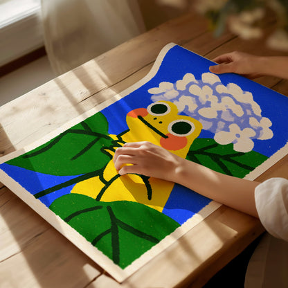 Toad with Hydrangeas Poster | Yellow and Periwinkle Illustrative Art Print | Kids Room Wall Art — print detail on fine art pa
